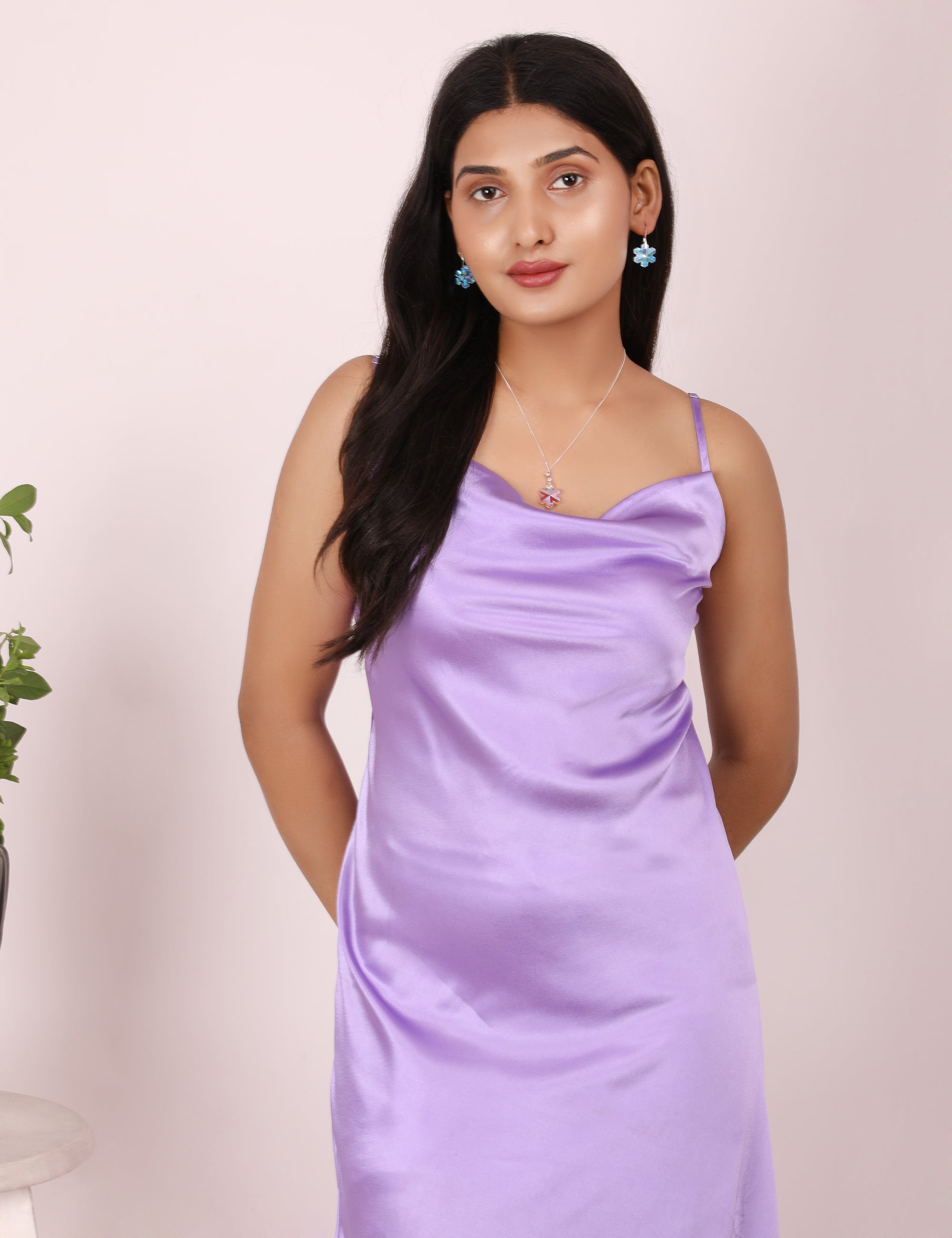 Lavender calf length Satin dress