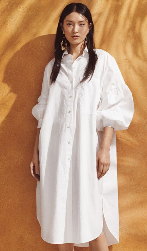 White Puff Sleeves Shirt Dress