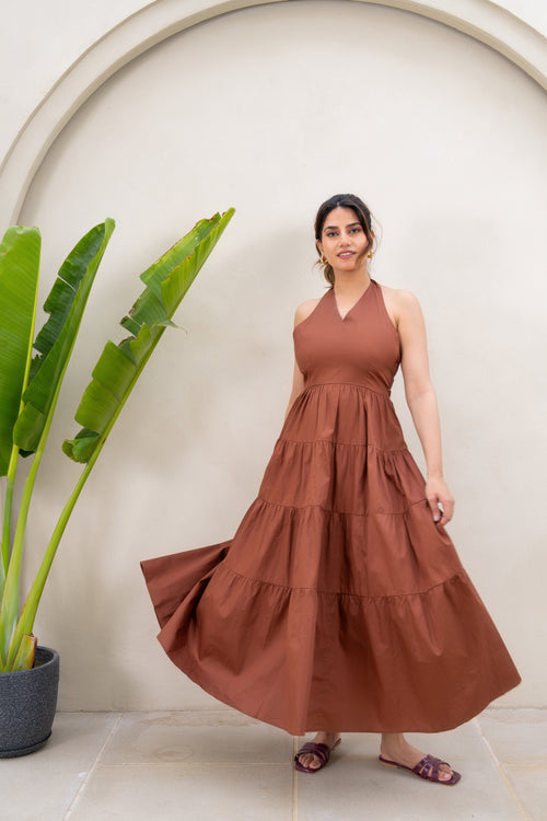 Brown Halter Neck Maxi