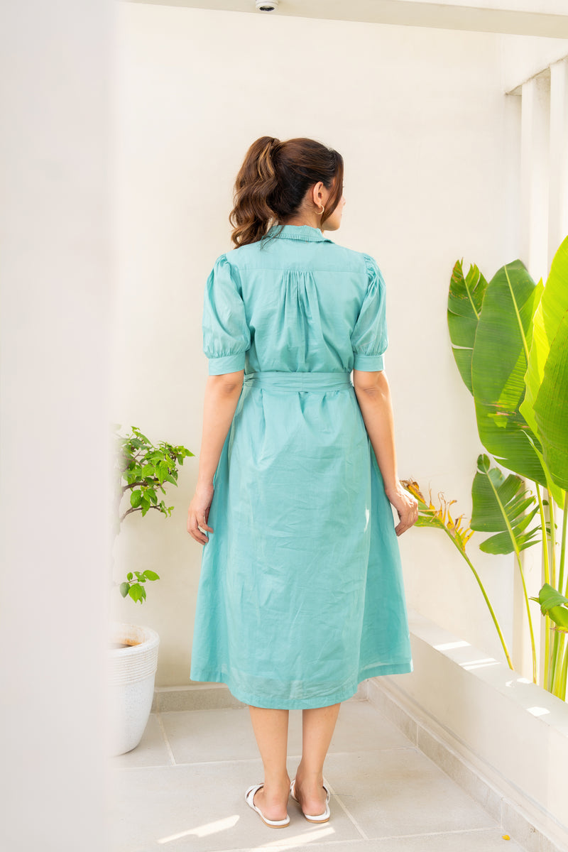 Mulmul teal pintux shirt dress