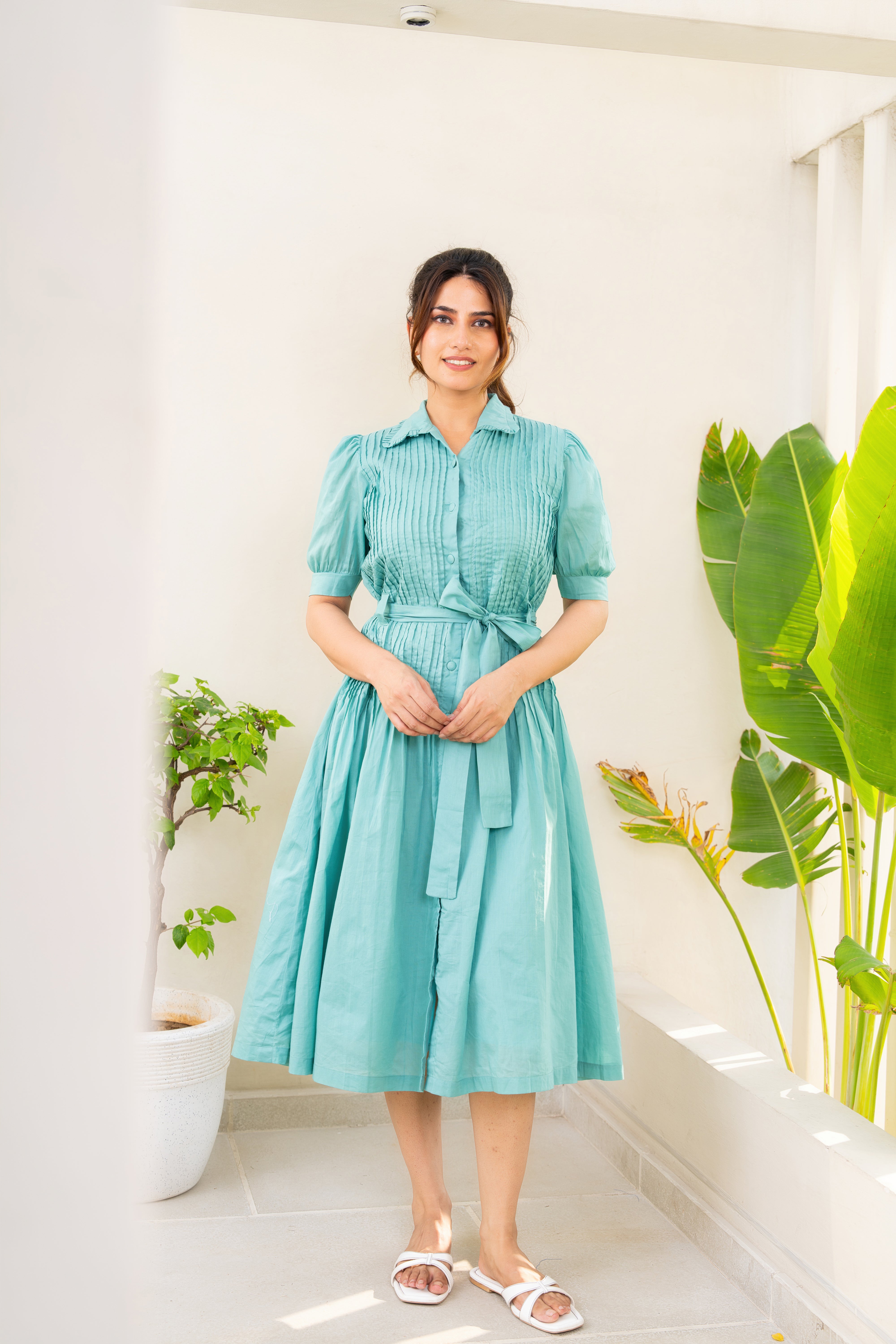 Mulmul teal pintux shirt dress