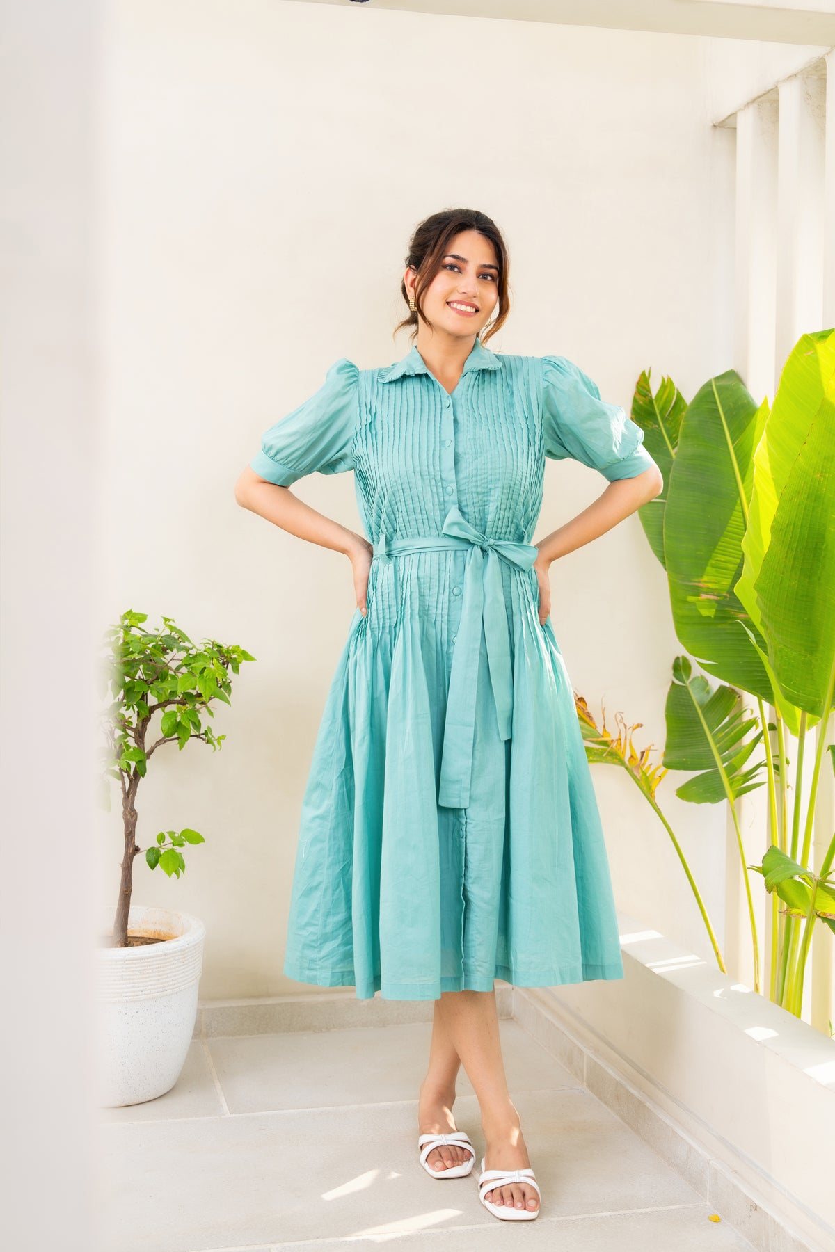 Mulmul teal pintux shirt dress