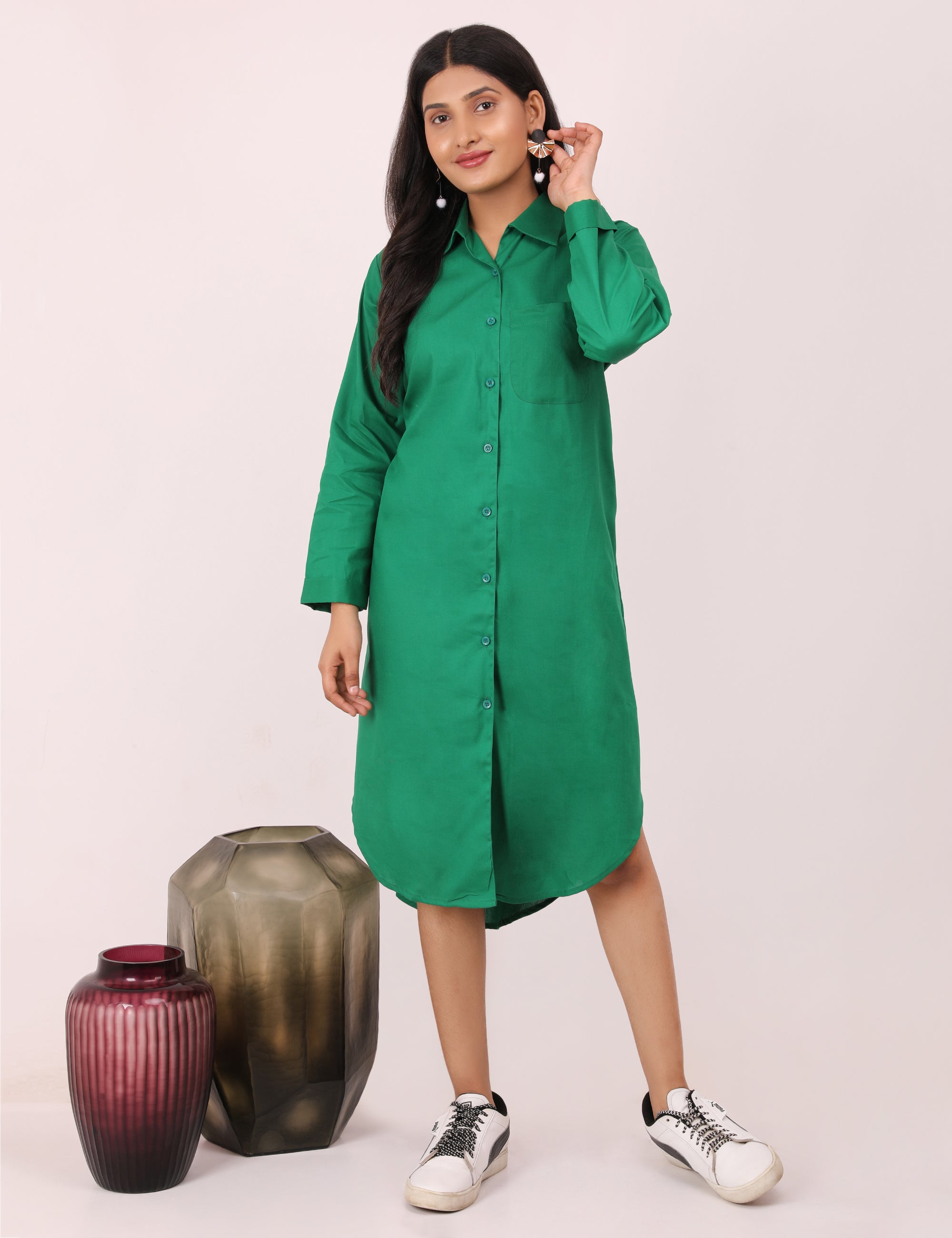 Long green shirt dress best sale