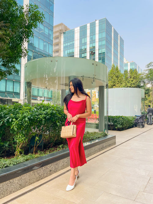 Satin Hot Red Slit dress