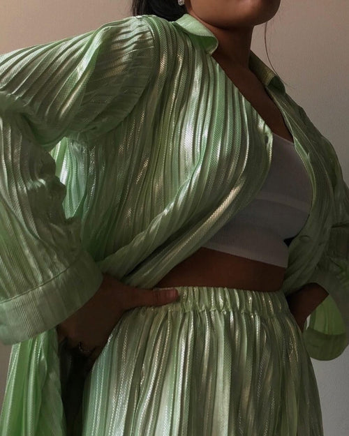 Pleated Shiny Green Cord set