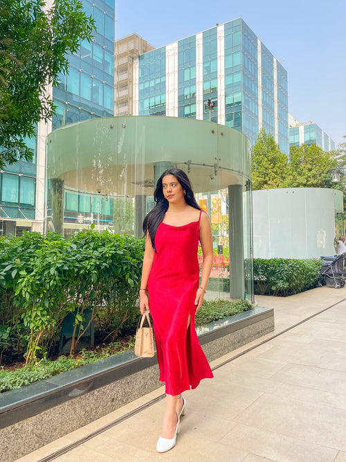 Satin Hot Red Slit dress